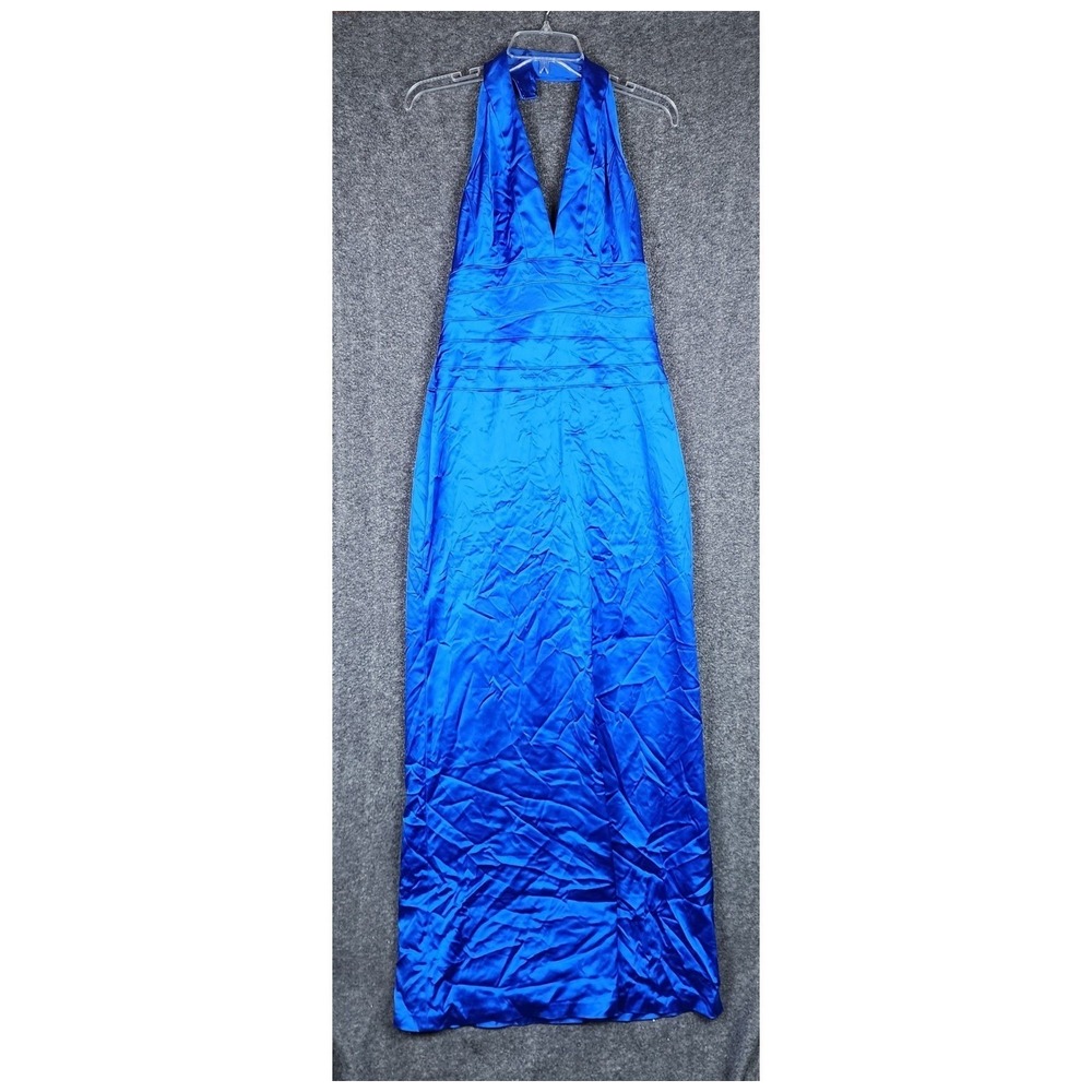 Papell Boutique Evening Dress Womens 12 Halter Gown Royal Blue Satin EUC